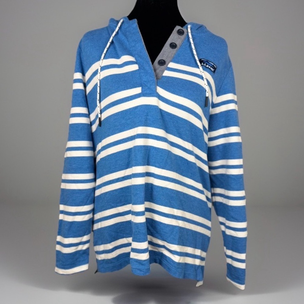 L.L.Bean Women’s M Petite Blue White Striped Hooded Sweatshirt 100% Cotton